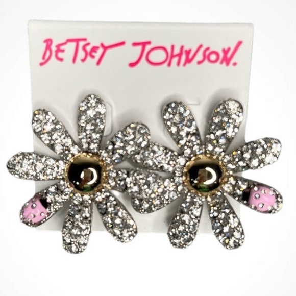 BETSEY JOHNSON ‘Ohh A Daisy’ Crystal-Studded Pavé Flower & Ladybug Earrings NWT - Picture 1 of 3